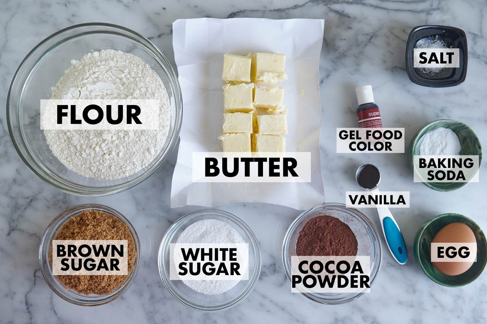 ingredients of red velvet sugar cookies