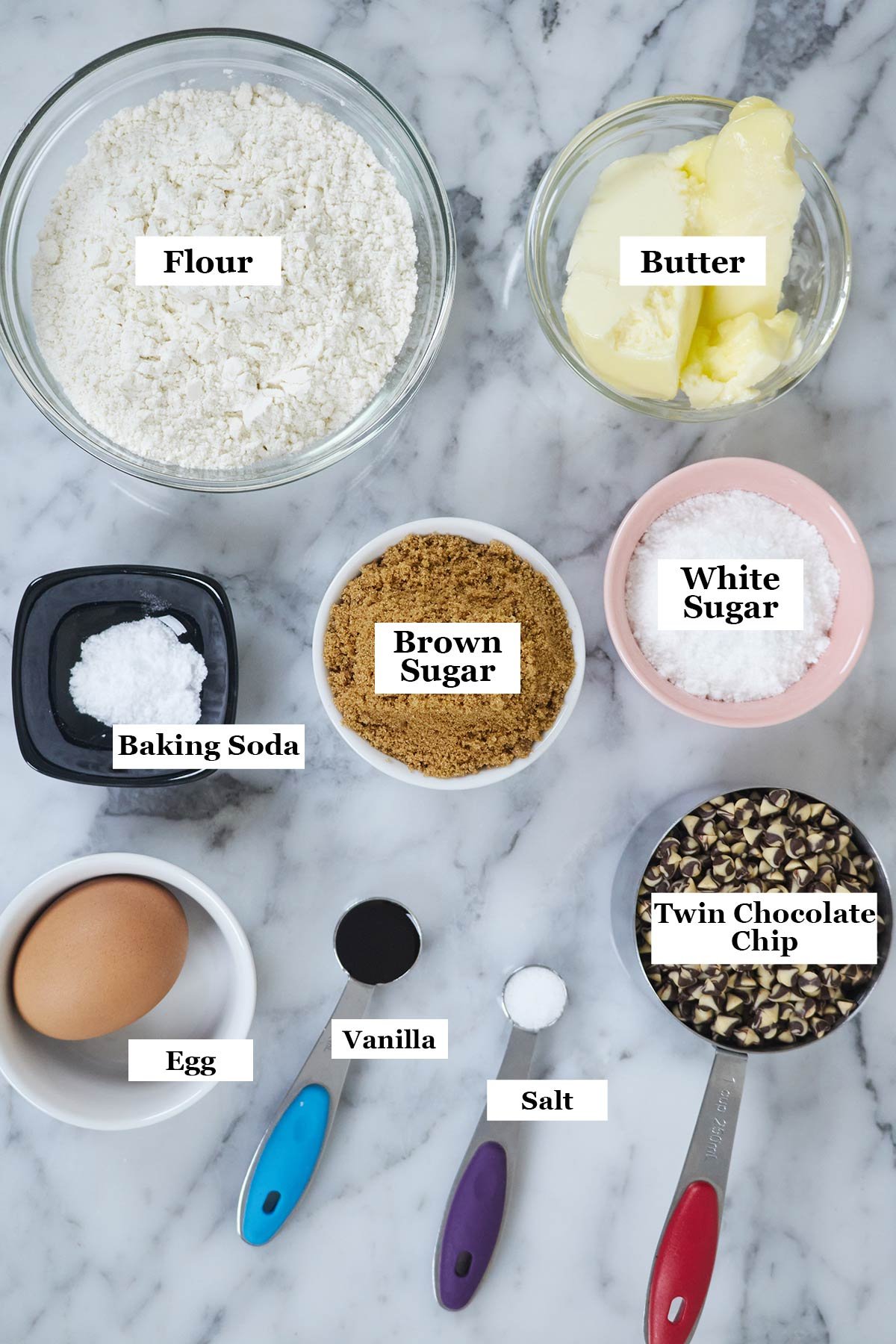ingredients of twin chocolate chip cookies