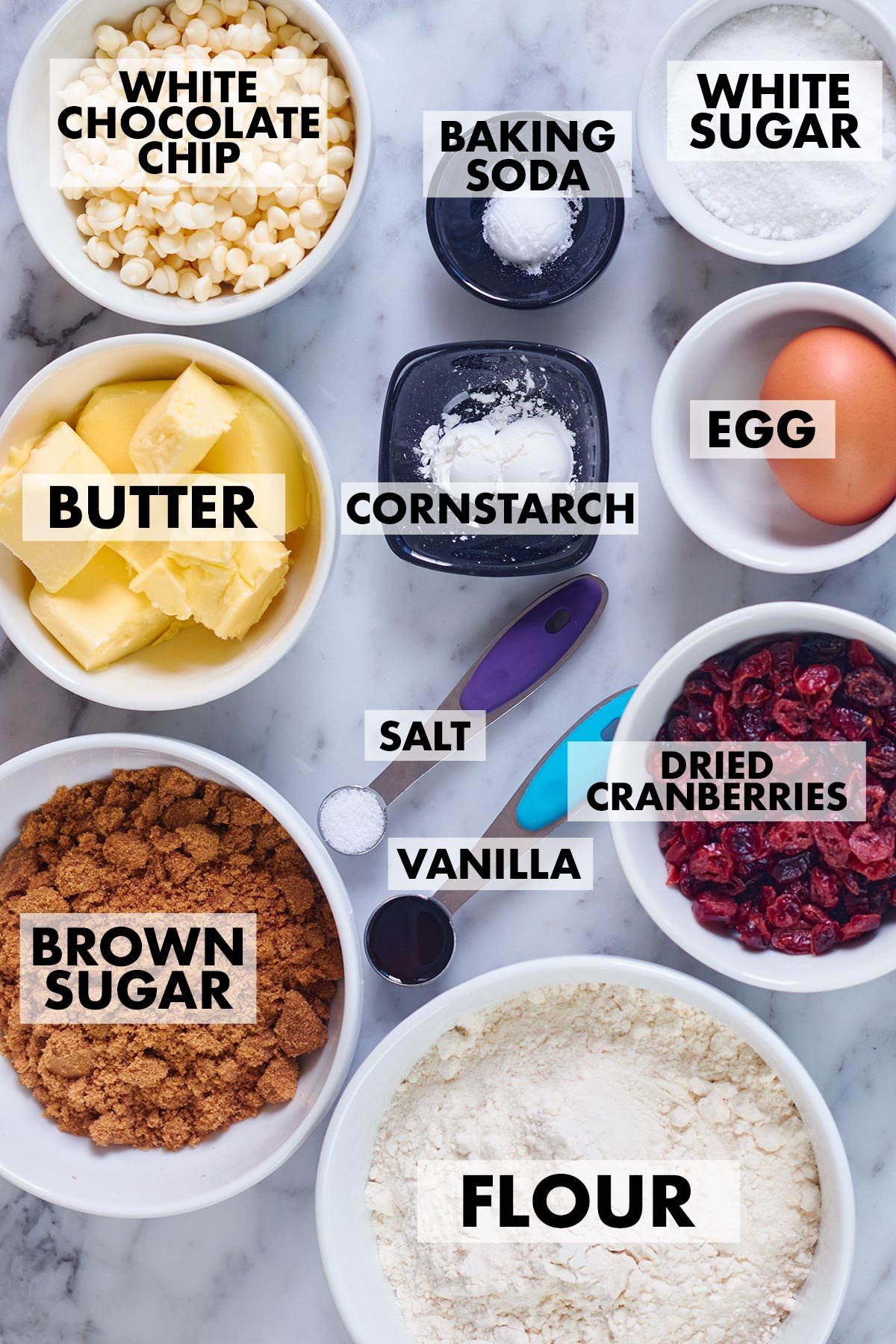 ingredients of White Chocolate Cranberry Cookies