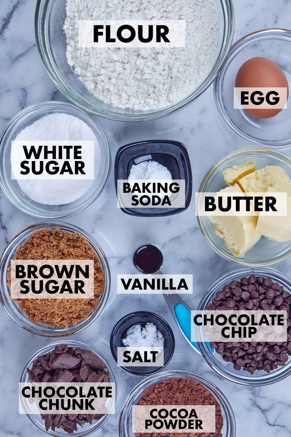 ingredients of double chocolate chip cookies