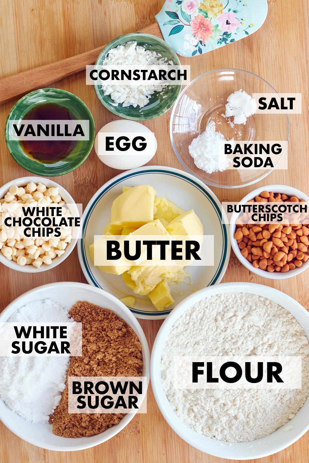 ingredients of Butterscotch White Chocolate Chips Cookies